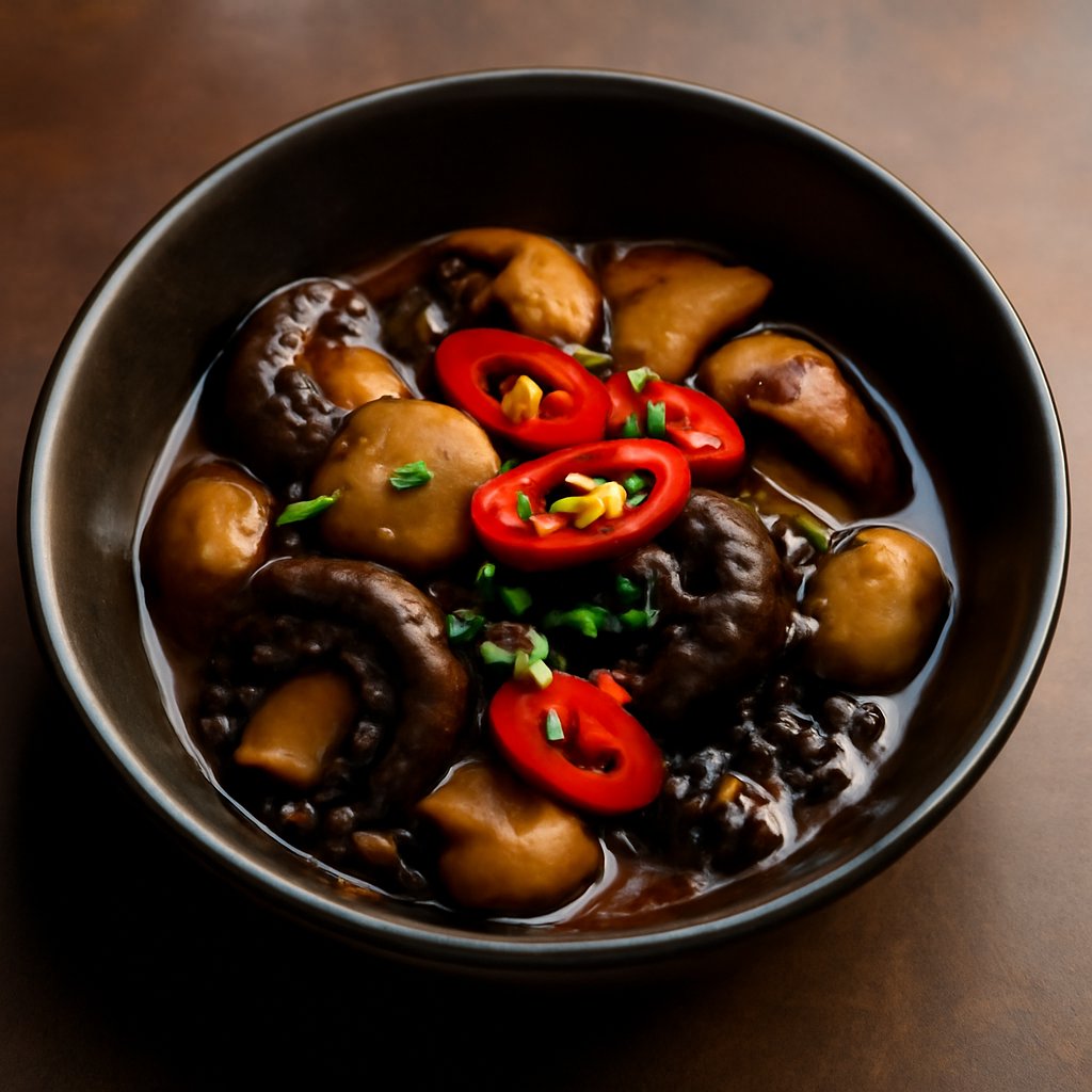 Three Style Braised Mushrooms with Black Bean Sauce and Chilli