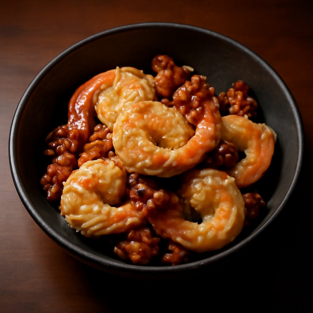 China Red King Prawns with Toffee Walnuts and Sesame Seeds