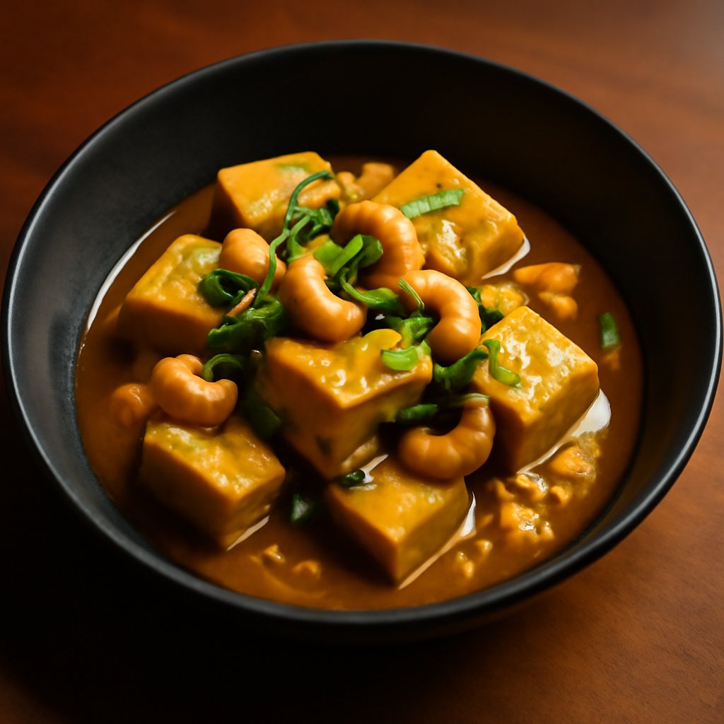 Tofu in Yellow Bean Sauce Garnished with Cashew Nuts
