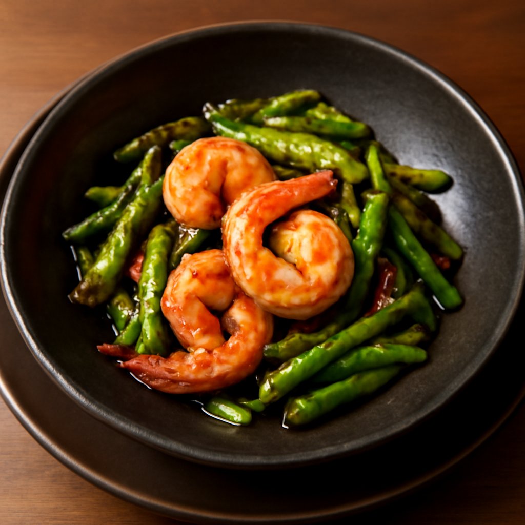 China Red Szechuan String Beans with King Prawns
