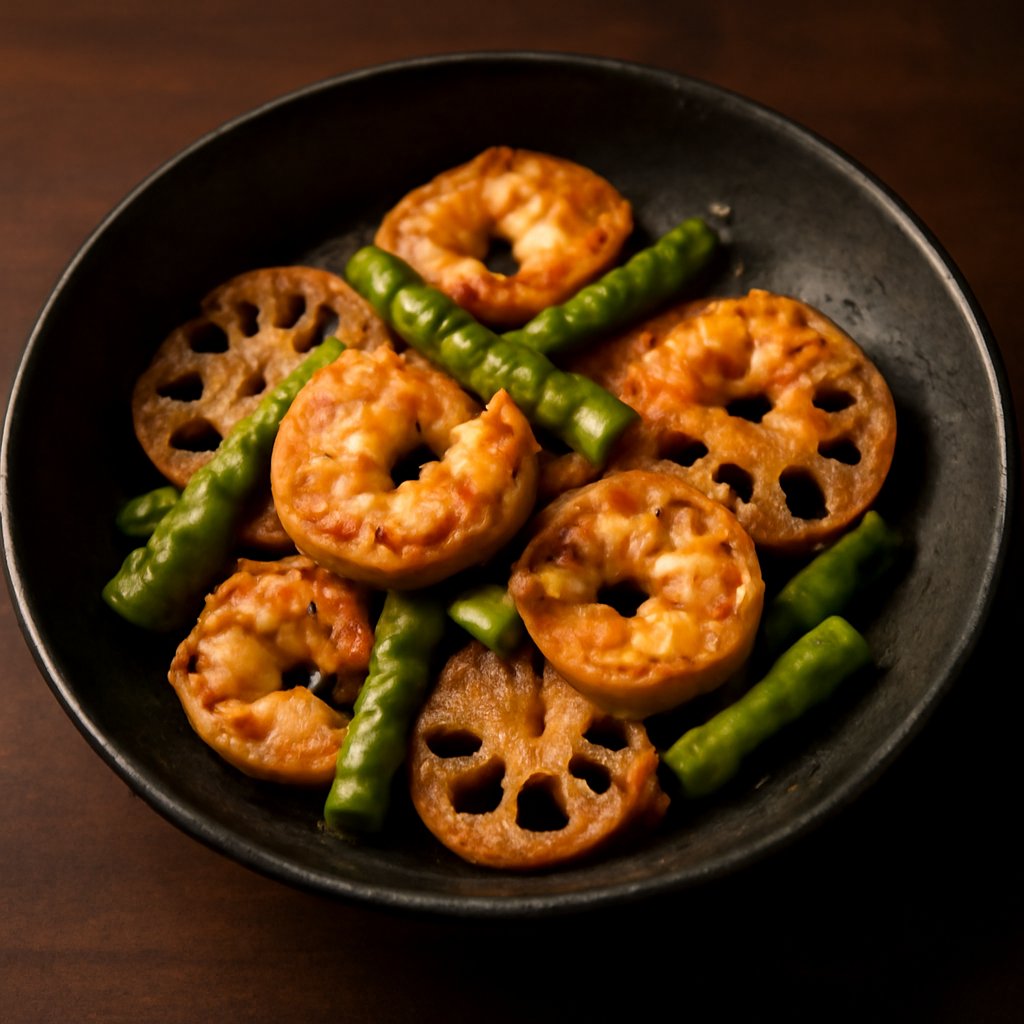 King Prawns with Asparagus and Lotus Root in Black Pepper