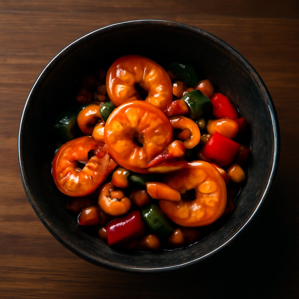 Kung Po Chilli King Prawns Garnished with Cashew Nuts