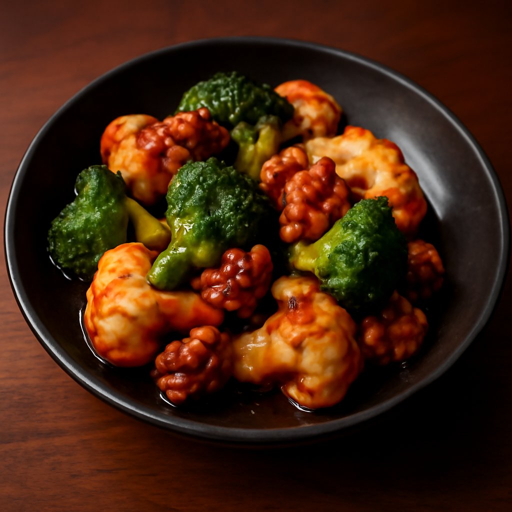 Szechuan Broccoli and Cauliflower with Toffee Walnuts