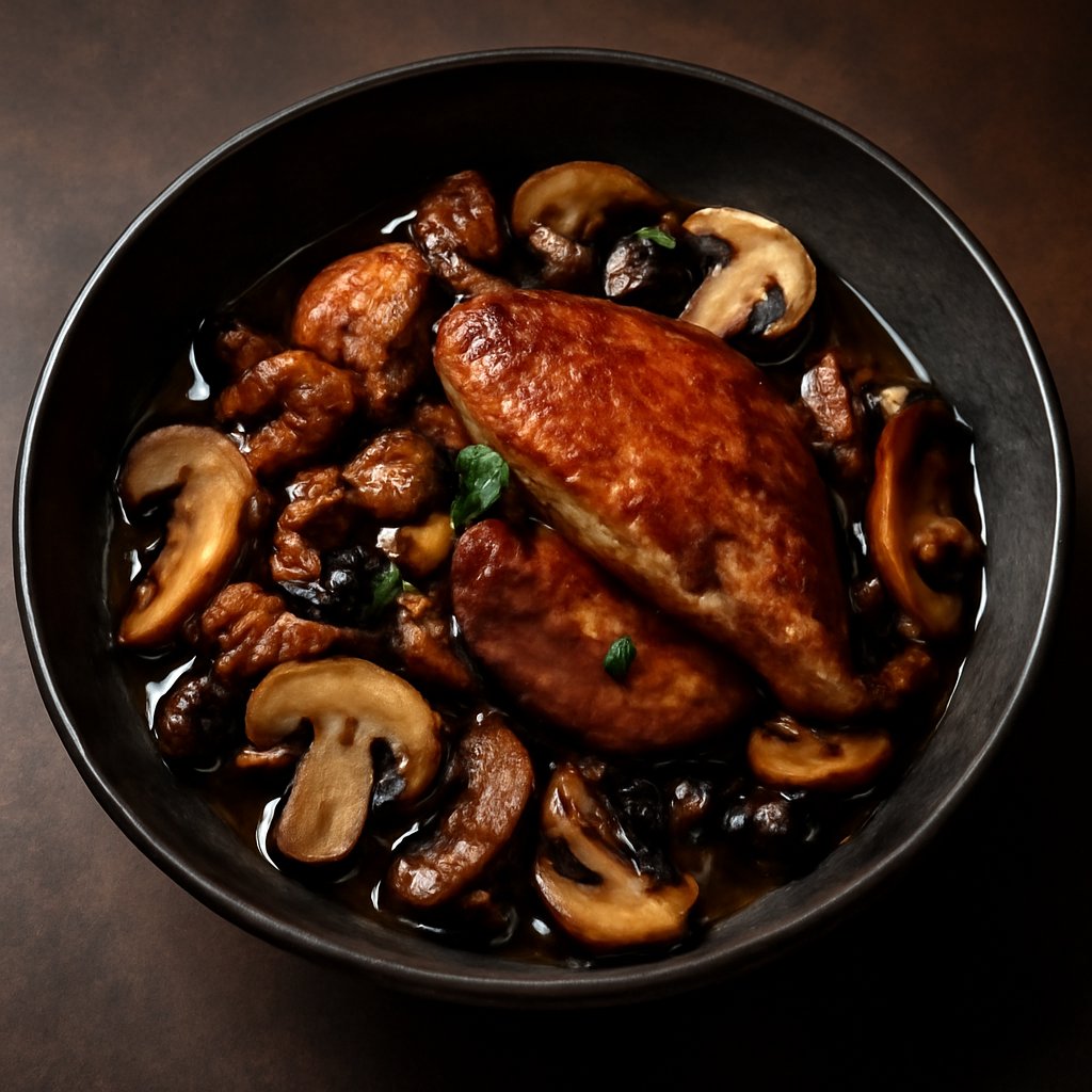 Braised Duck with Black Bean Sauce and Mixed Mushrooms