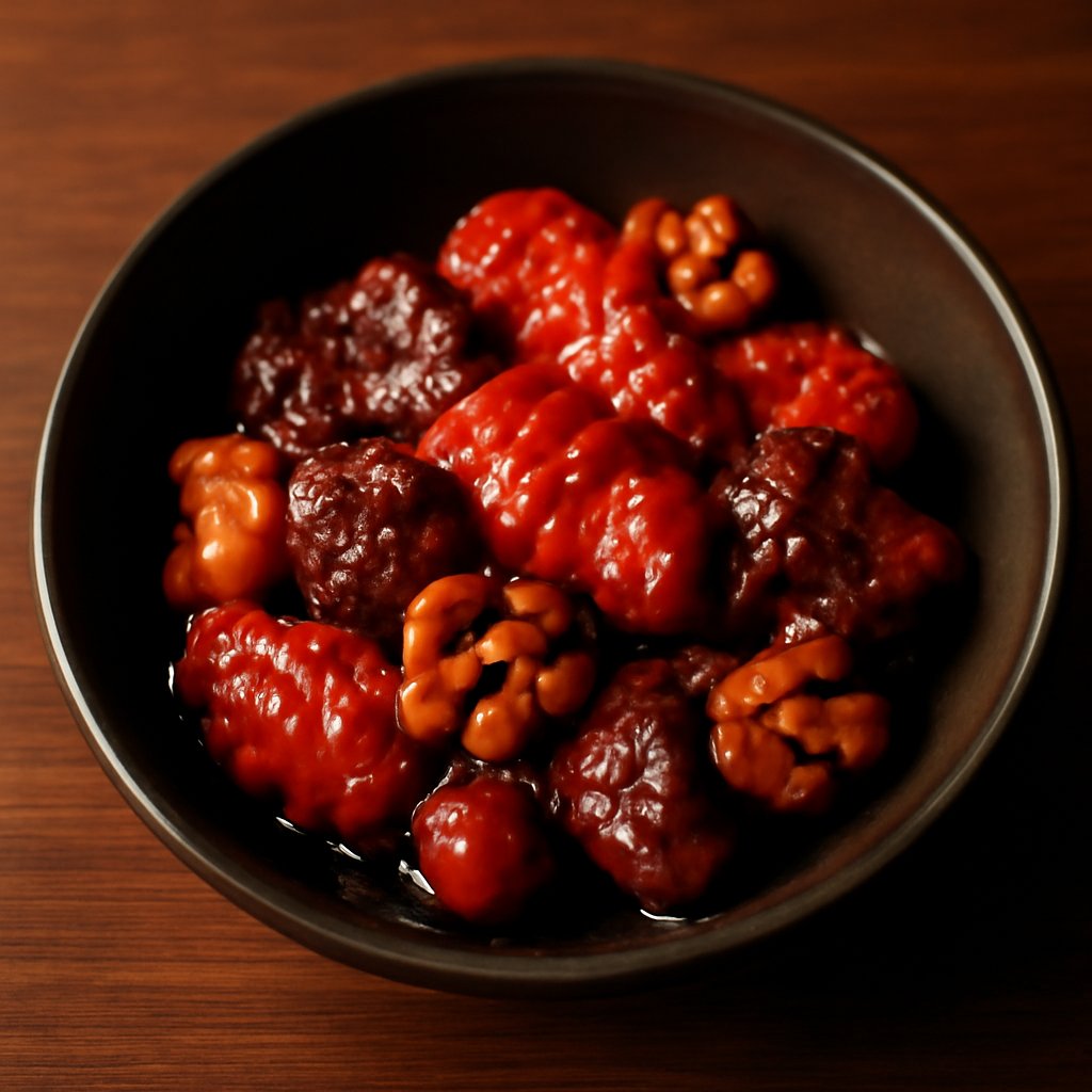 China Red Chicken with Toffee Walnuts and Sesame Seeds