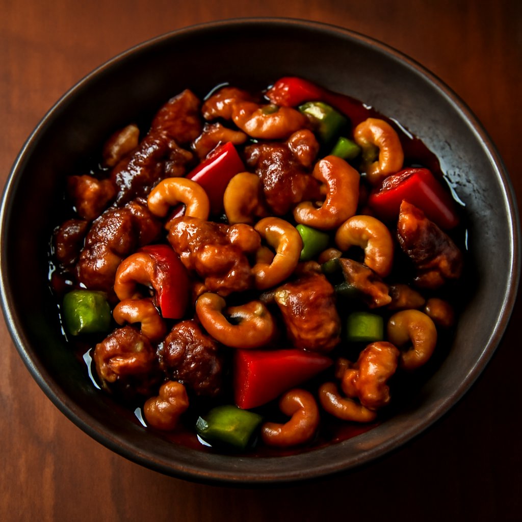 Kung Po Chilli Chicken Garnished with Cashew Nuts